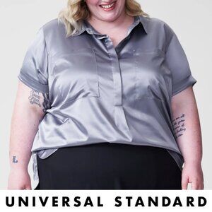 Trish Satin Patch Button Down in Glossy Lavender Grey (XL)